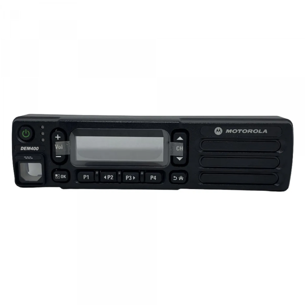 Motorola DEM500 mobile radio front view with alphanumeric display and control buttons showing 45W DMR VHF UHF operation