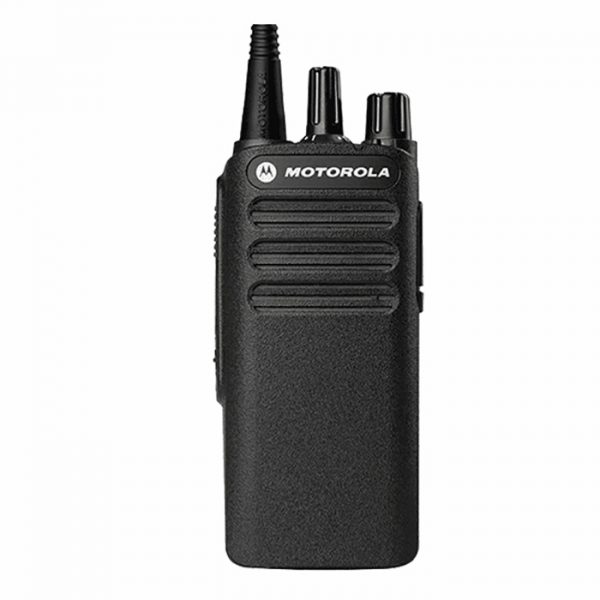 Motorola DEP250 portable radio front view with PTT button showing dual mode DMR and analog operation for hotel and retail teams