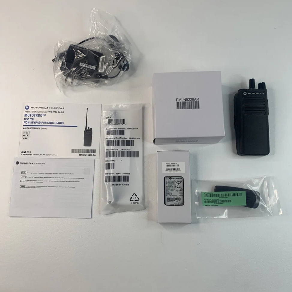 Motorola DEP250 radio back and side view showing belt clip, antenna, LED indicator and 4W UHF digital dual mode labeling