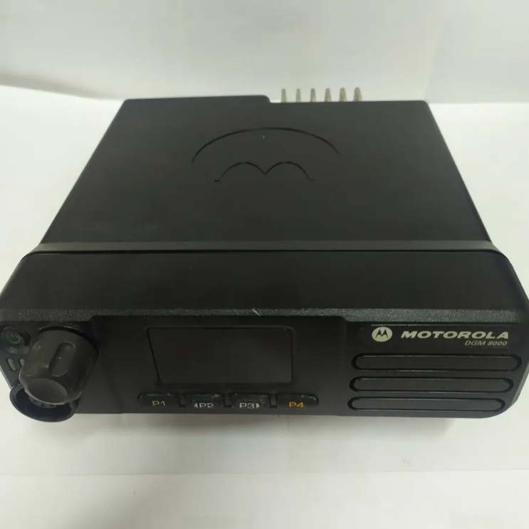 Motorola DGM8000E mobile radio back panel showing mounting bracket, 45W power rating, antenna connector and data port
