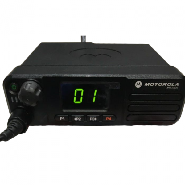 Motorola DGM8000E mobile radio front view with display and keypad showing 1000 channel DMR operation with GPS and Bluetooth