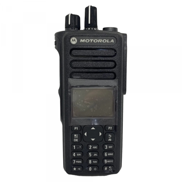 Motorola DGP8550E portable radio front view with full color display showing industrial noise cancellation DMR operation and 1000 channel list