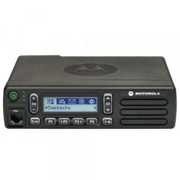 Motorola DM2600 mobile radio front view with alphanumeric display and control knob showing Capacity Plus DMR operation