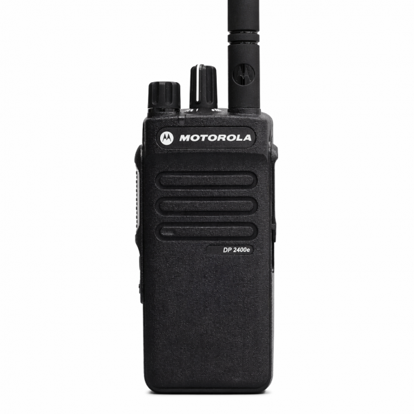Motorola DP2400E portable radio front view with PTT button and two programmable buttons showing IP67 rated DMR operation
