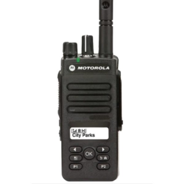 Motorola DP2600E portable radio front view with 2 line monochrome display and limited keypad showing 128 channel DMR operation