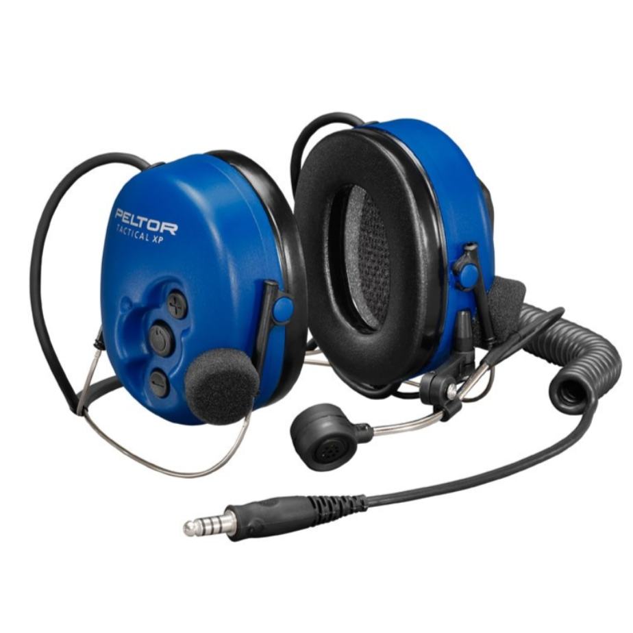 Motorola PMLN6089 headset showing ATEX certification marking, inline PTT button, adjustable volume and padded ear cups