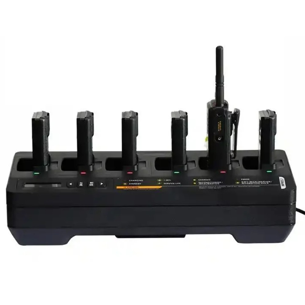 Motorola PMPN4296 charger rear panel showing 100-240V AC input label, six charging pockets and IMPRES 2 display window