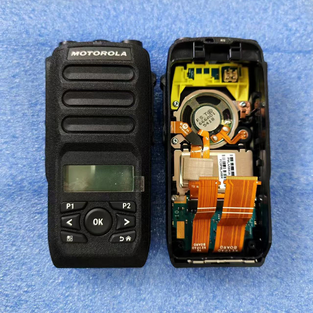 Motorola R5 housing cover showing IP68 sealing gasket, lightpipe, microphone port and Motorola branding label