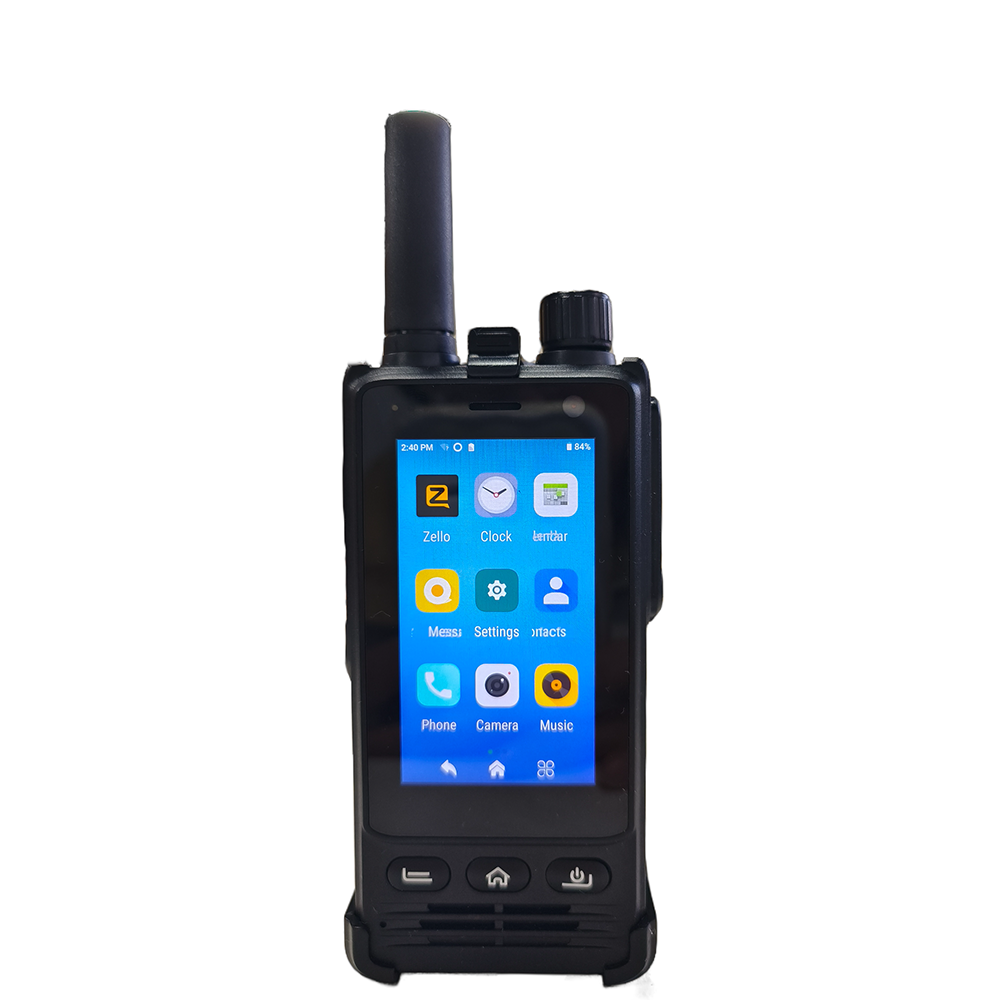 W33 4G PoC radio front view with 2.95 inch Android display and PTT button showing Zello interface for global push to talk
