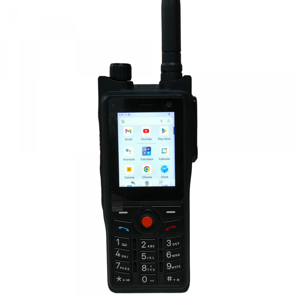 W36 PRO PoC radio front view with Android display and PTT button showing Zello Real-PTT encrypted 5G communication interface