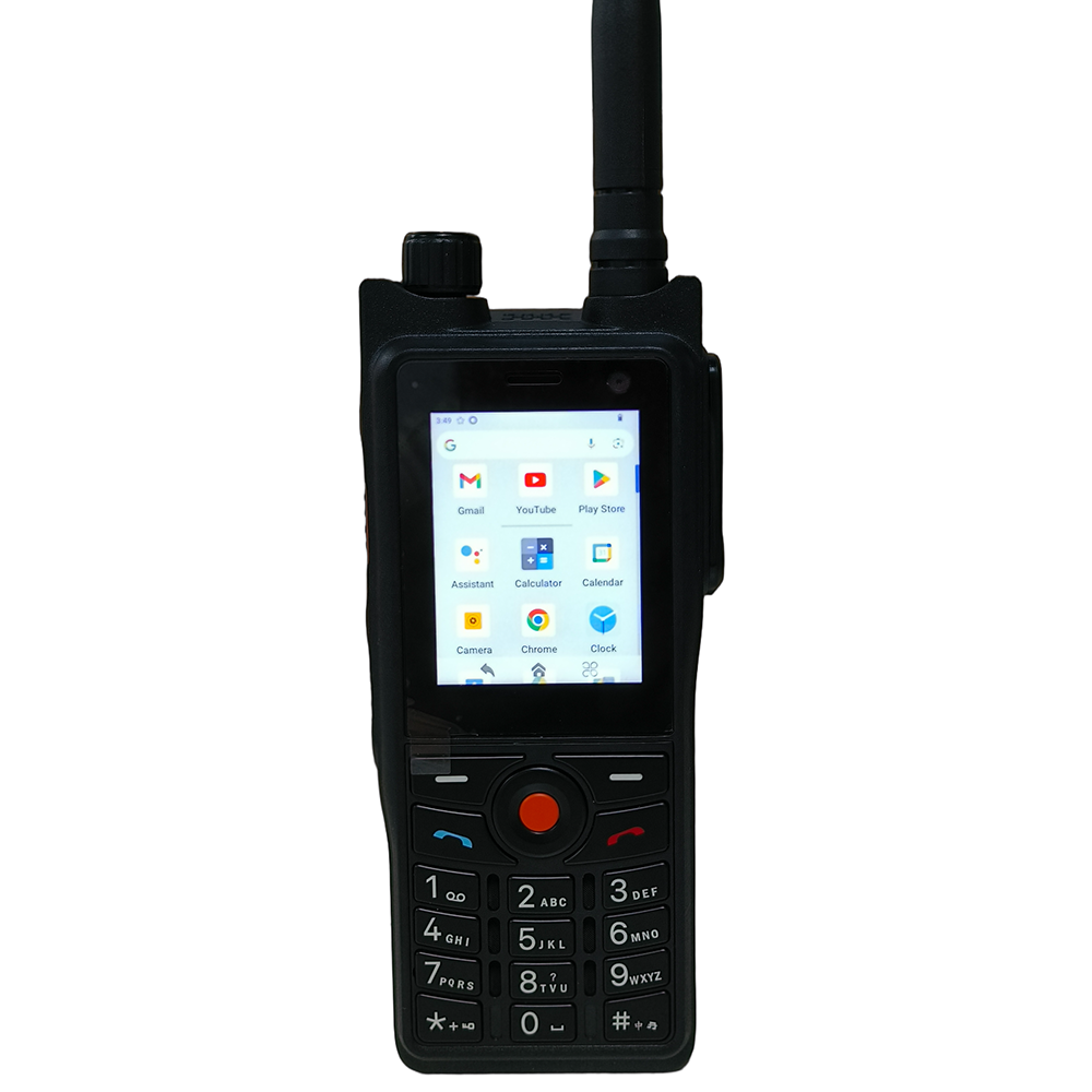 W36 PRO PoC radio front view with Android display and PTT button showing Zello Real-PTT encrypted 5G communication interface