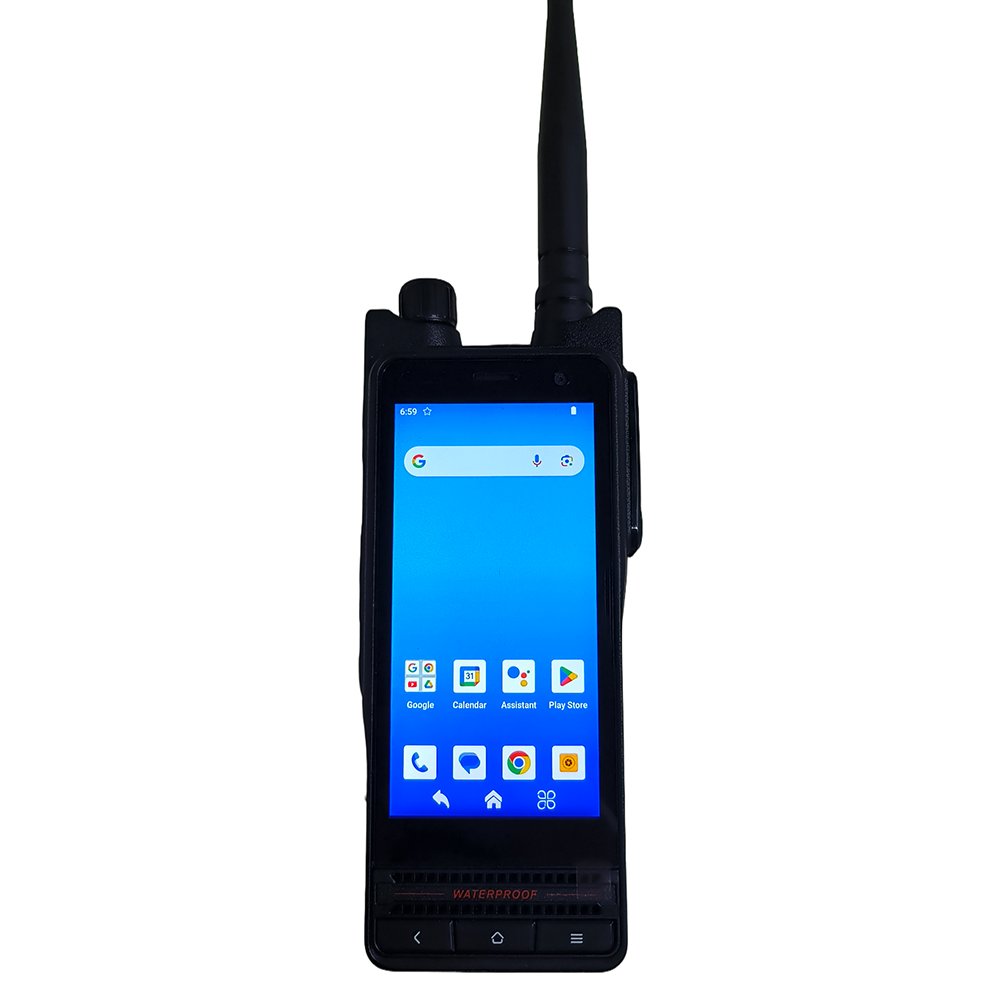 W68 4G PoC radio front view with 4 inch Android touch screen and PTT button showing tri-mode PoC DMR analog operation