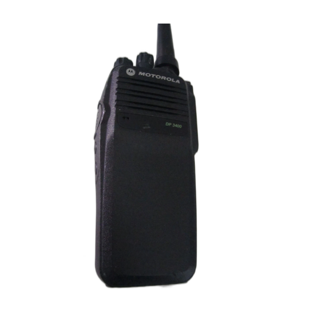 Motorola MOTOTRBO DP3400 portable radio showing push-to-talk button, LED indicator and emergency button