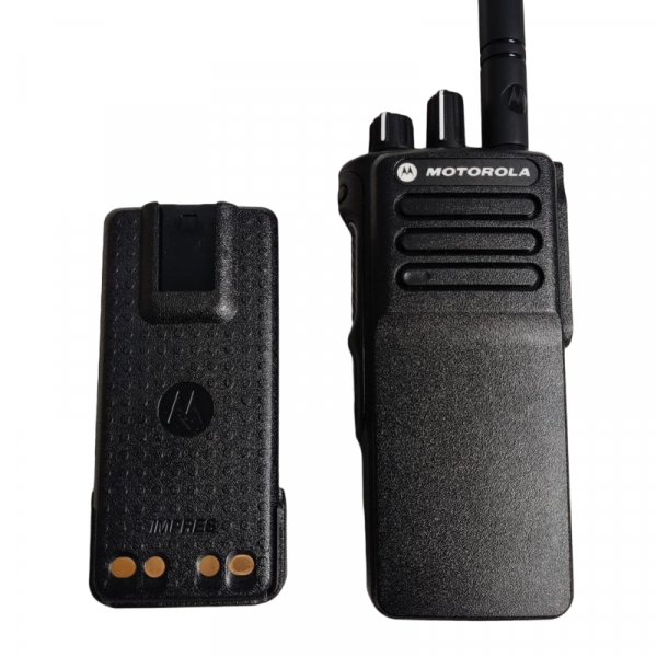 Motorola MOTOTRBO DP4401e close-up showing push-to-talk button, programmable side buttons and orange emergency button