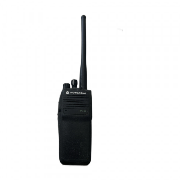 Motorola DP3400 handheld transceiver — non-display DMR radio with whip antenna and belt clip